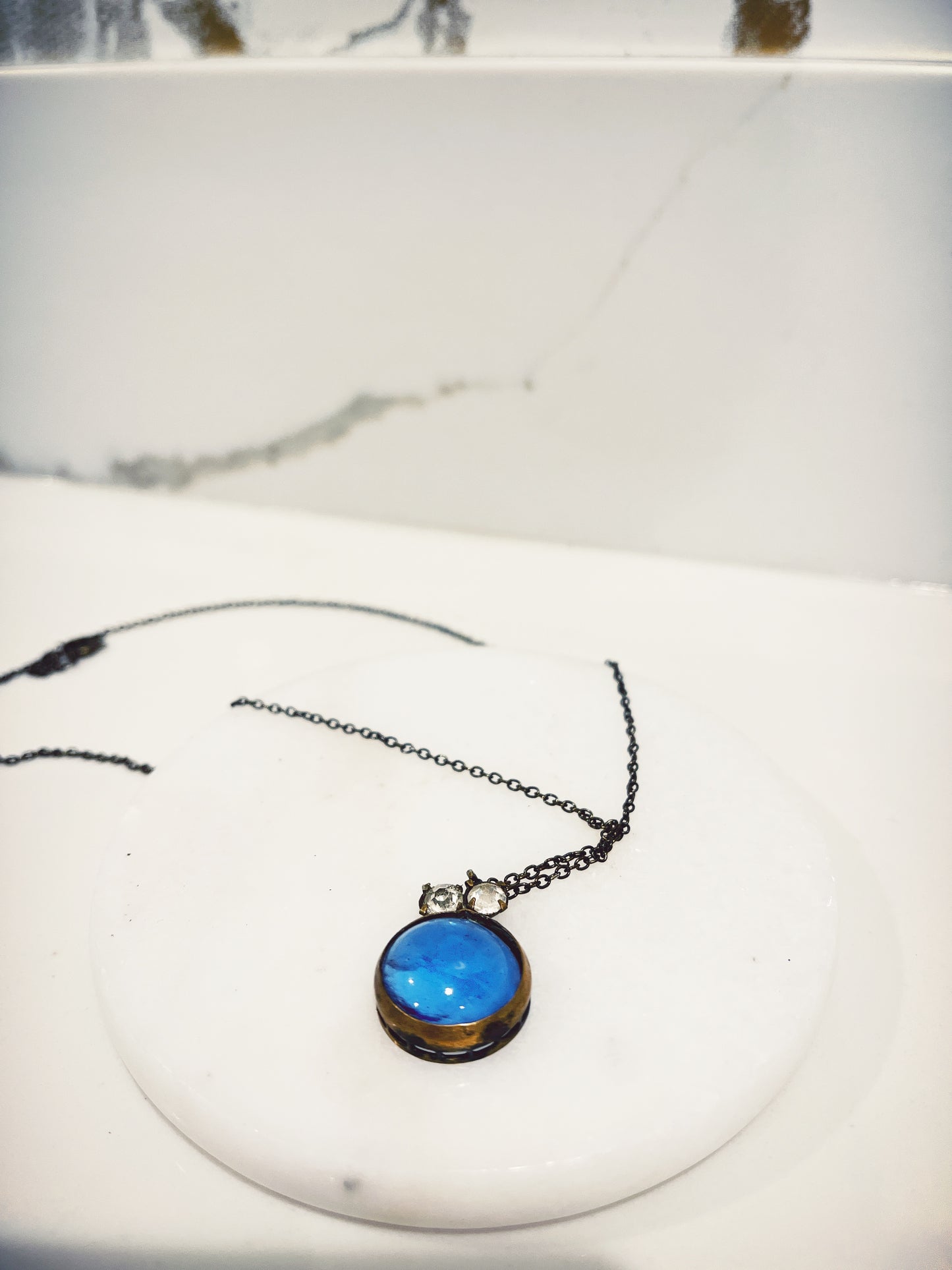 Blue glass Sapphire Pendant with Rhinestones