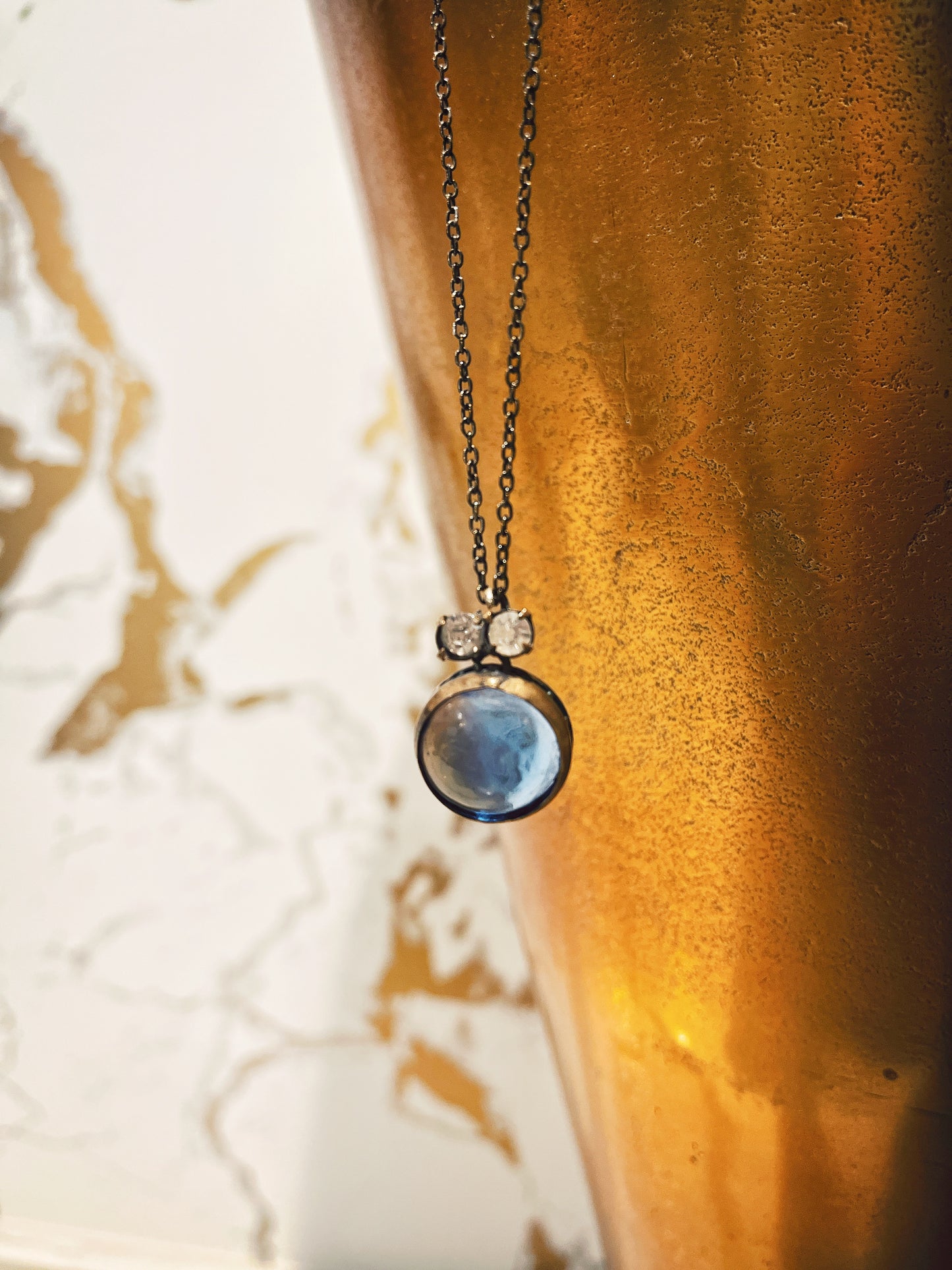 Blue glass Sapphire Pendant with Rhinestones